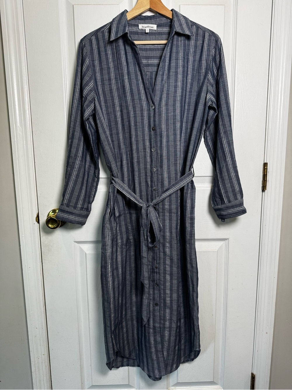 Anthro Heartloom Blue White Striped Button Front Midi Shirt Dress Small Pockets